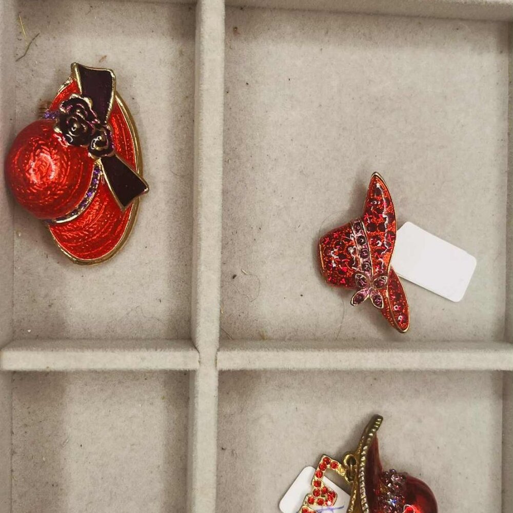 Vintage Red Hat Society Brooch Collection — Set of 6 Enamel & Rhinestone Pins